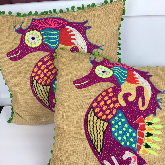 Tropical bright embroidered seahorse pillow covers/burlap with Pom fring-2pc set - Picture 2 of 16
